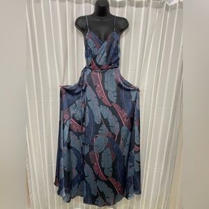 Wrap Maxi Dress Palm Pattern Blue Black Pink Silky Size S -‎ NWOT